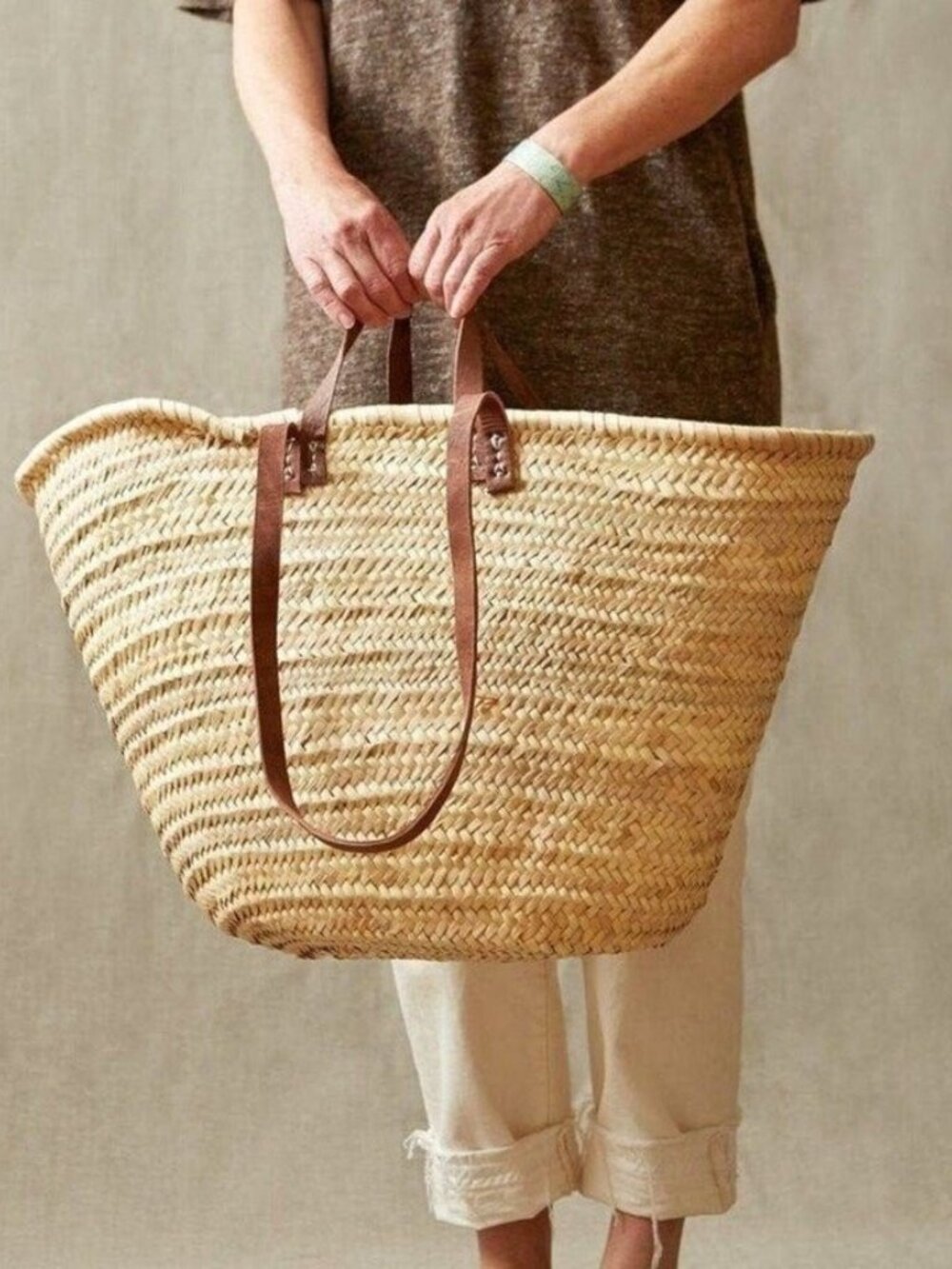 Market Basket Straw Bag Handmade with Leather, French Market NWT - Picture 3 of 4